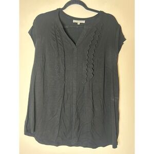 anthropologie danielrainn Black Ruffle Neck V-Neck Tunic Top Womens Plus Size 1X